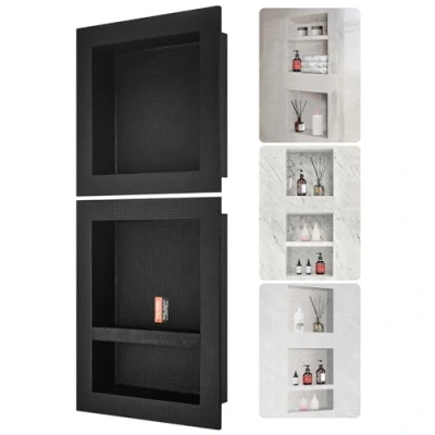 Image de VEVOR Niche Encastrable Salle de Bain 40,64x40,64 cm &amp; 40,6x50,8 Douche Murale Triple Étagère Plastique XPS Coins Carrés Protection Scellée Moderne pour Stockage Savon Bains, Noir