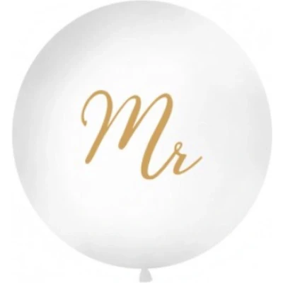 Afbeelding van Partydeco Grote witte ballon Mr Goud 1m