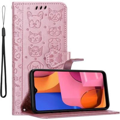 Afbeelding van Cadorabo Hoesje geschikt voor Samsung Galaxy A20s in SHINY ROSE GOUD Beschermhoes honden en katten met standfunctie kaartsleuven Book Case Cover Etui