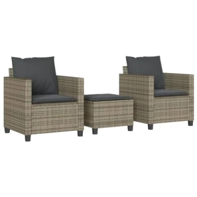 Afbeelding van 3 delige Bistroset met kussens poly rattan grijs