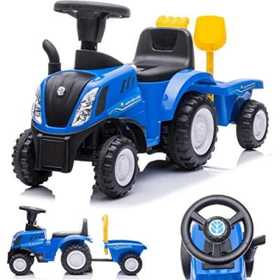 Afbeelding van loopauto Kinderschuifauto New Holland, tractor met aanhanger, kindervoertuig claxon, kunststof (Blauw)
