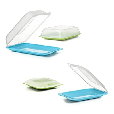Afbeelding van TATAY Set van 4 Fresh vleeswarendozen, 2 MINI en MAXI, BPA vrij, herbruikbaar, stapelbaar, vaatwasser magnetronbestendig, kleuren blauw groen