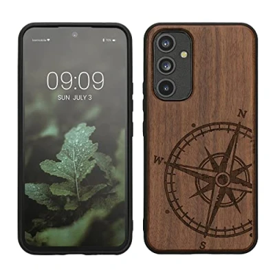 Afbeelding van kwmobile telefoonhoesje geschikt voorSamsung Galaxy A54 5G Hoesje met bumper walnoothout In donkerbruin Vintage Kompas design
