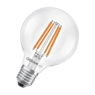 Afbeelding van OSRAM Klassieke wereldbolvorm, met decoratief led filament, energie efficiëntieklasse A, E27, 5 W, 1055 lm, 2700 K, warmwit, zonder opwarming, 100% directe verlichting.