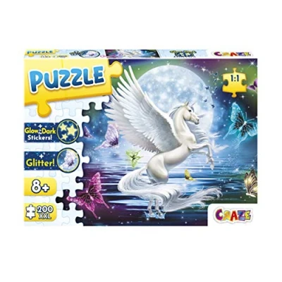 Afbeelding van CRAZE puzzel Moonlight Pegasus 200+ XXL Pieces met glitterprint, voor kinderen 8 jaar, games kinderen, stickers inbegrepen 30196