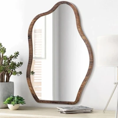 Afbeelding van Lzuso Onregelmatige houten wandspiegel roze moderne golvende unieke hangende spiegel asymmetrische decor ijdelheid slaapkamer badkamer woonkamer gang groot