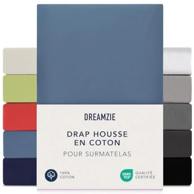 Afbeelding van Dreamzie Hoeslaken, 140 x 200 cm 160 cm, jersey 100% katoen, matrashoogte tot 15 hypoallergeen, Oeko Tex, blauw