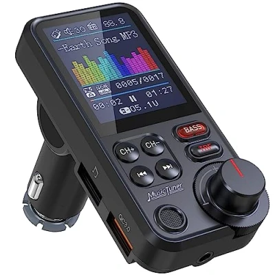 Afbeelding van GizmoVine bluetooth zender voor auto, sigarettenaansteker, muziekadapter radio, ondersteunt stereo, MP3, MP4, QC3.0, USB oplader, touchscreen, SD sleuf, AUX aansluiting,