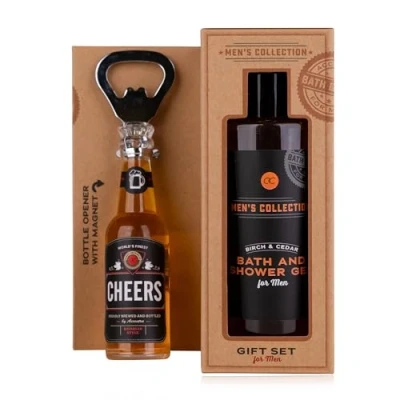 Afbeelding van Accentra MEN&#039;S COLLECTION cadeauset van kraftpapier met badgel 150 ml en douchegel, flesopener in de vorm een bierfles, berk cedergeur, bruin