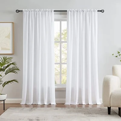 Afbeelding van Melodieux Set van 2 semi transparante gordijnen, fluweelzacht, wit, 213,4 cm lang, voor slaapkamer en woonkamer, elegante zachte textuur, met stangdoorvoer, 132,1 x