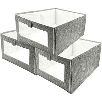 Afbeelding van Moderne Canvas opbergmand, 3 stuks opvouwbare opbergdozen met transparante raamstof opbergmand handvat voor kledingkast, kast, planken organizer