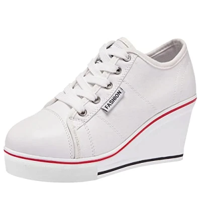 Afbeelding van ANUFER dames, sleehak, veters, zeildoek, sportschoenen espadrilles, Wit.