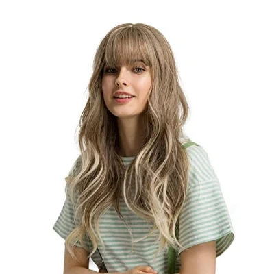 Afbeelding van Esmee donkerblonde pruik voor dames, 61 cm, lang, verticaal, natuurlijk, met pony, hittebestendige kunstpruik.