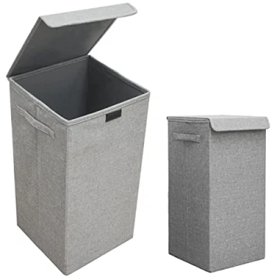 Afbeelding van Set van 2: 50L Wasmand met Deksel 30x30x60 Stevige Wasverzamelaar Houten Frame Smalle Hog...