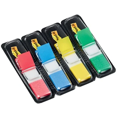 Image de Post it Index Small Flags, Lot de 4 distributeurs, 35 marque pages, 11,9 mm x 43,2 mm, couleurs assorties, pour marquer, mettre en surbrillance ou coder couleur les informations importantes