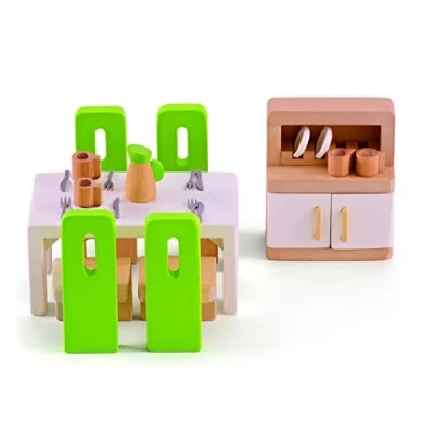 Afbeelding van Hape E3454 Speelgoed Eetkamer, Groene Stoelen, Witte Tafel, Kast Met Deuren
