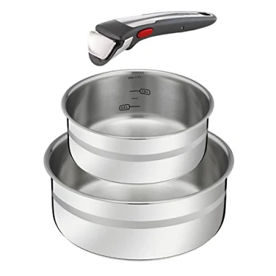 Afbeelding van Jamie Oliver by Tefal L977S344 Ingenio 3 delige pannenset met 1 afneembare handgreep en 2 roestvrijstalen pannen, geschikt voor inductie, ovenbestendig, ruimtebesparend