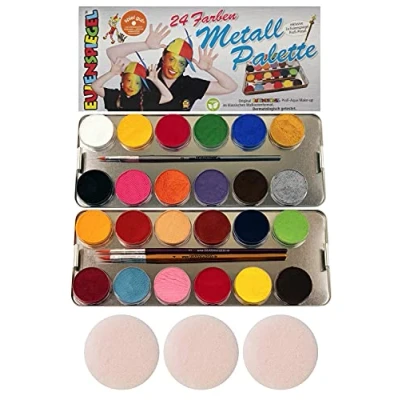 Afbeelding van Eulenspiegel 224007 professionele Aqua make up, 24 kleuren, 3 penselen, sponzen, metalen palet