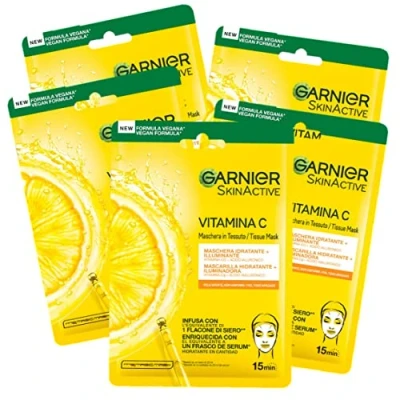 Afbeelding van Garnier Skin Active Hydra Bomb gezichtsmasker, hydraterend en verlichtend, met vitamine C hyaluronzuur, voor dikke, niet gelijkmatige huid, 5 stuks