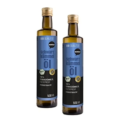Afbeelding van Wohltuer Biologische zwarte komijnolie 1 liter (2 x 500 ml) koudgeperst, gefilterd, zacht en rijk aan onverzadigde vetzuren