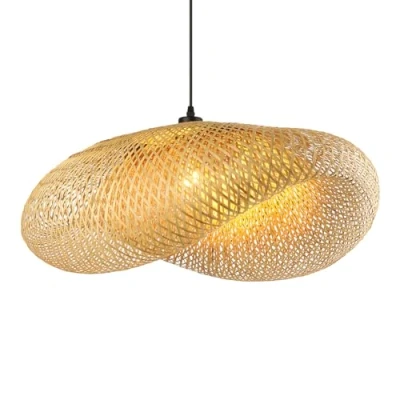 Afbeelding van Schindora Creativiteit hangende plafondlampen, retro bamboe handgeweven hoed 100 cm plafondlampen voor keuken, eetkamer, woonkamer, restaurant, licht stro