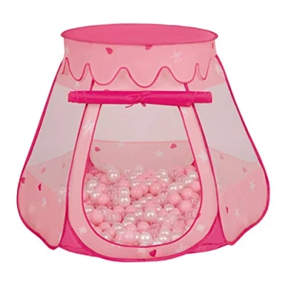 Afbeelding van Selonis Tent 105 x 90 cm, 300 ballen, kasteel met kunststof ballenbad voor kinderen, roze: poederroze, parelmoer, transparant
