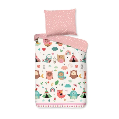 Afbeelding van Cheqo® Dekbedovertrek voor Kinderen 140x200 cm Boho Uilen en Hartjes Print Multi 1 Persoons 100% Katoen