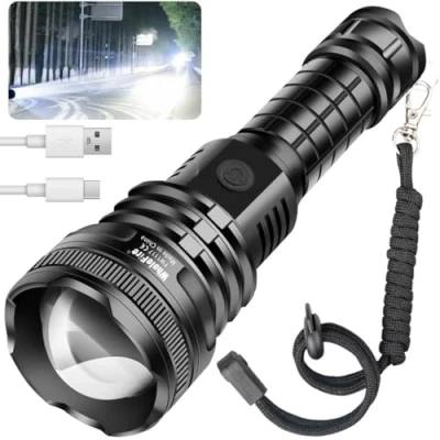 Afbeelding van WholeFire USB oplaadbare led zaklamp, extreem helder, 90.000 lumen, XHP90, waterdichte tactische werkt met 5 modi, voor kamperen, binnen en buiten