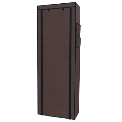 Afbeelding van Intirilife opvouwbare kledingkast 170x58x28 cm in COCONUT BROWN met ritssluiting stoffen Garderobe schoenenrek 9 opbergvakken Campinggarderobe textiel kapstok