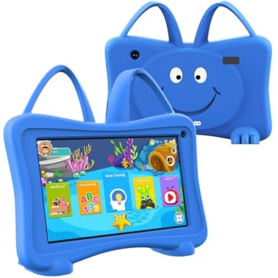Afbeelding van okulaku Kindertablet, 7 inch, 32 GB RAM, 64 GB, uitbreidbaar, met valbescherming, wifi, dubbele camera, kinderbeveiliging, app