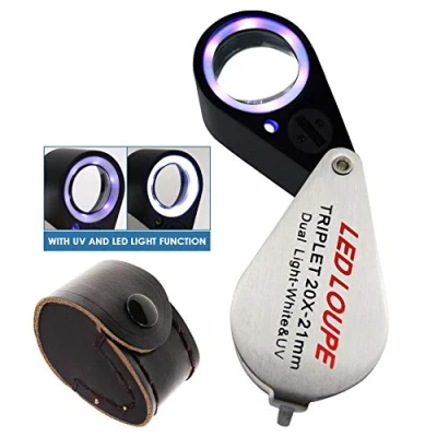 Afbeelding van vergroting Jewelers Eye Vergrootglas Drievoudige Lens Opvouwbaar voor Edelstenen, Sieraden, Munten, Postzegels etc (20x + UV LED licht)