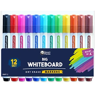 Afbeelding van 12 grote whiteboardpennen van SmartPanda Bullet Tip Whiteboardmarkers Droog wissen markeringen, perfect voor thuis, school of kantoor set verschillende kleuren