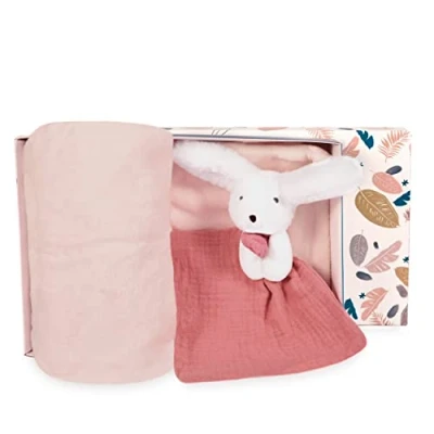 Afbeelding van DouDOU et Compagnie Babydeken knuffeldier konijn Happy Boho roze 100 x 70 cm DC3979
