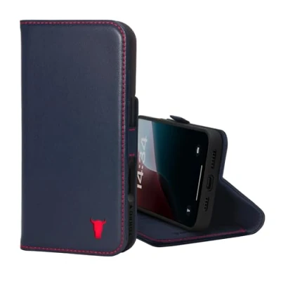 Afbeelding van TORRO beschermhoes compatibel met iPhone 16 Pro Max, van echt leer standaard en kaartvakken (compatibel officiële MagSafe opladers), marineblauw