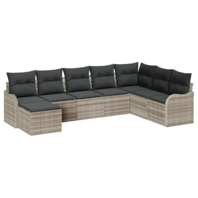 Afbeelding van vidaXL 8 Delige Tuinsofa Set met Kussens Lichtgrijs Poly Rattan, 2 Zits Opbergruimte &amp; Rattan
