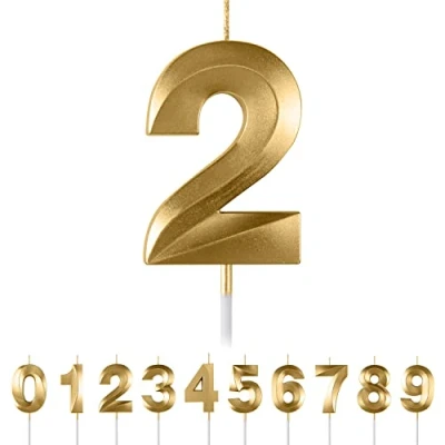 Afbeelding van Verjaardagskaarsen, nummer 2, gouden 3D kaarsen, taartdecoratie, verjaardagstaartdecoratie