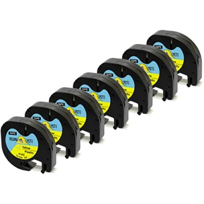 Afbeelding van Yellow Yeti 7 cassettes 91202 S0721620 zwart op geel, 12 mm x 4 m, kunststof etiketten, compatibel met DYMO LetraTag LT 100H 100T 110T QX50 XR XM 2000 Plus