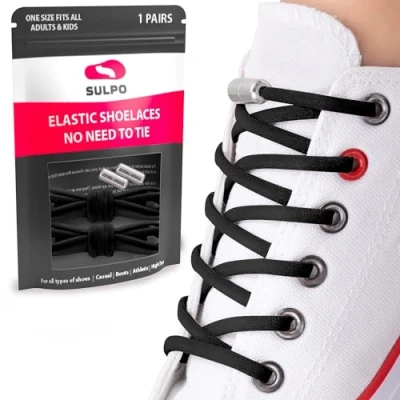Afbeelding van SULPO Schoenveters met snelsluiting van metaal, elastische veters voor volwassenen en kinderen, ronde zonder knopen sneakers, converse, No Tie siliconen veters, zwart.