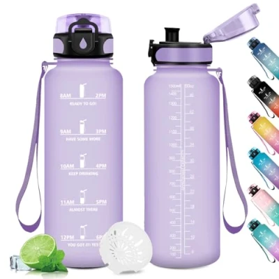 Image de Gourde de sport 1,5 L, bouteille avec filtre indicateur temps motivationnel, réutilisable, à l&#039;épreuve des fuites, gourdes pour sport, gym, école, gym