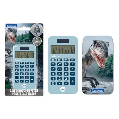 Afbeelding van Lexibook, Dinosaurus, zakrekenmachine met beschermdeksel, klassieke en geavanceerde functies, werkt op batterijen zonne energie, blauw, C45DINO