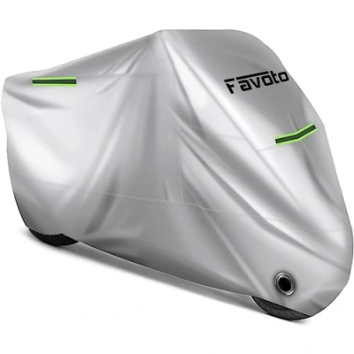 Image de Favoto Housse de Protection pour Moto Imperméable en Oxford 210D avec Coutures Thermosoudées, Bâche Extérieure à l’épreuve Poussière/Neige/Pluie du Vent des Soleil, 265x105x125cm XXXL Argent