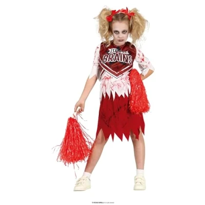Afbeelding van Guirca Cheerleader Kostuum Zombie Campus No Brains Meisje Rood, Wit / Beige 10 12 jaar Halloween Verkleedkleding