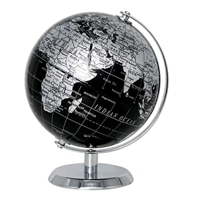 Afbeelding van Exerz metalen wereldbol (diameter 14 cm) Educatief/geografisch/decoratie met voet Engelse taal (14 cm zwart metallic)
