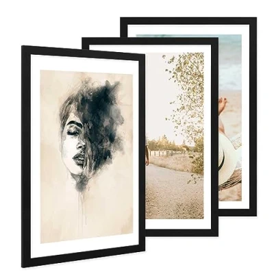 Afbeelding van PHOTOLINI Set van 3 fotolijsten 40 x 60 cm MDF hout zwart brede lijst modern onbreekbaar acrylglas om op te hangen, extra accessoires voor je stijlvolle wanddecoratie