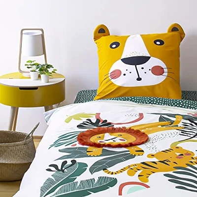 Afbeelding van CÔTE DECO Omkeerbaar beddengoed voor kinderen, groene en gele leeuw, dekbedovertrek 140 x 200 cm, 1 kussensloop 63 53 100% katoen