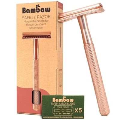Afbeelding van Metalen Veiligheidsscheermes Roségoud Nat Scheren voor Mannen &amp; Vrouwen Geschikt Alle Double Edge Mesjes Safety Razor Scheermes Bambaw