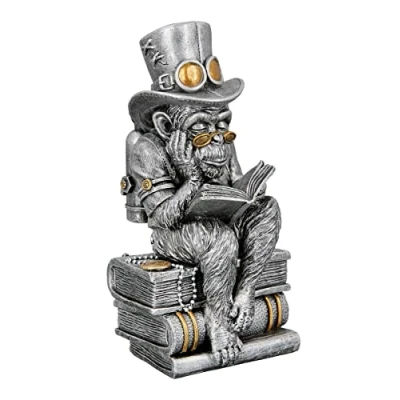 Afbeelding van Aap Beeld 13x11x23cm. Steam punk &quot;Steampunk reading ape&quot; industrieel Polyresin Grijs Sciencefiction.
