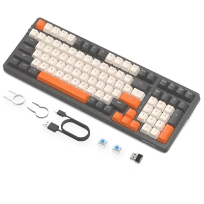 Afbeelding van FREEWOLF K8 Mechanisch gamingtoetsenbord, draadloos, hot swap, bekabeld toetsenbord met achtergrondverlichting, blauwe schakelaar, Bluetooth/2,4 GHz/USB C tri modus 4000 mAh batterij voor Mac/Win
