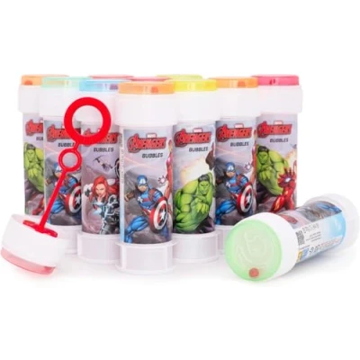 Afbeelding van Toyland® 12 stuks zeepbellenbakjes met eetstokjes, 60 ml oplossing en fancy labyrint deksel, speelgoed voor zakgeld feestzakjes (Avengers)