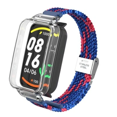 Afbeelding van Braided nylon bandje met case Blauw rood Xiaomi Smart band 7 Pro
